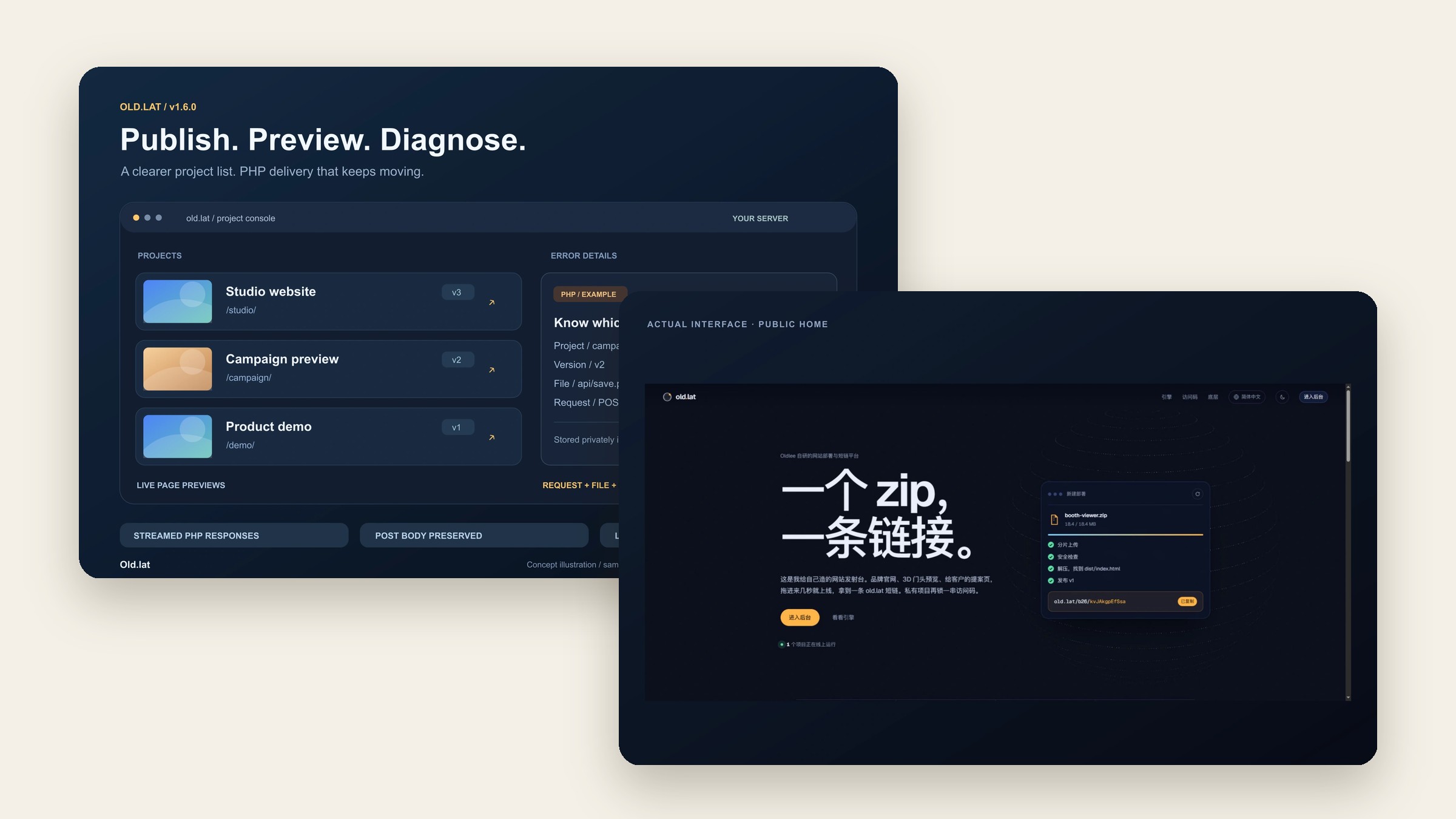 A concept sketch of the Old.lat 1.6.0 project list with previews and error details, layered over a real screenshot of the Old.lat public home page